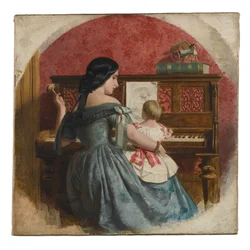 Huiselijk interieur met een moeder en kind zittend aan een piano, ca. 1860